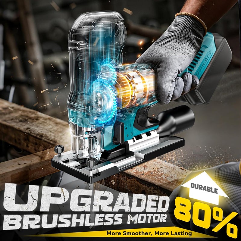 Ecarke Cordless&Brushless Jig Saw Compatible With Makita 18V Battery(Only Tool), 3800RPM, 7 Speeds Dial Control, Free-Tool ±45° Bevel Cuts, 4 Orbital Action, Dust Blows and 6 Blades For Cutting - Image 2